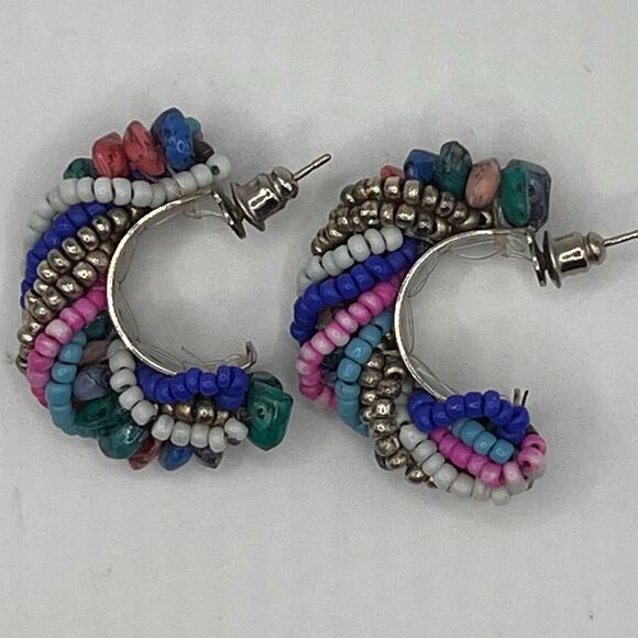 Vintage Earrings-Beaded Half Hoop- Turquoise-Coral-Hematite- Twirled Beads - Picture 3 of 5